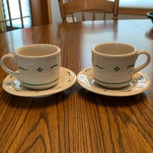 Longaberger Coffee Cups and Saucers. Heritage Green. Set of 2.